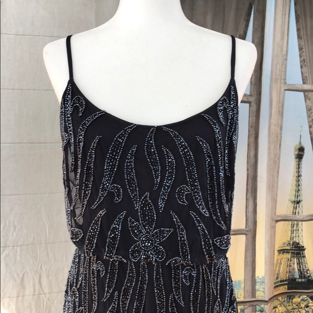 Adrianna Papell Mesh Floral Beaded Sheath Midnight - Picture 2 of 8